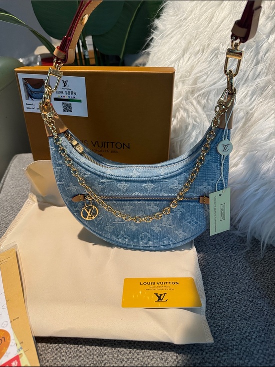 Lv dupe Handbags - Louis Vuitton Light Blue Denim Crescent Shoulder Bag with Gold Chain
